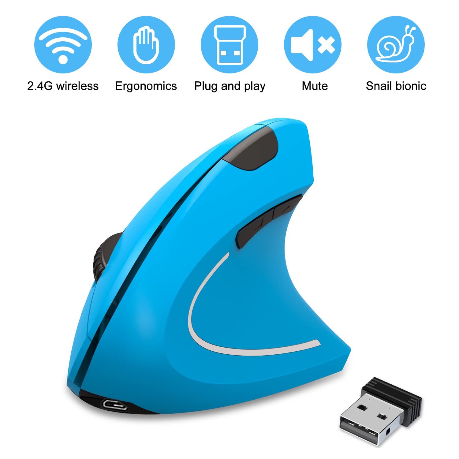 Vassink Ergonomic Mouse, Rechargeable Wireless Mouse, 2.4GHz Rechargeable Vertical Optical Mouse with USB Receiver, 6 Buttons for Laptop, PC, Computer (Blue)