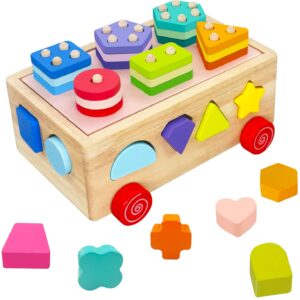 Afunti Wooden Stacking Blocks Shape Sorter Learning Toys for Toddlers Montessori Cube Education Preschool Toys for 3-5 Year