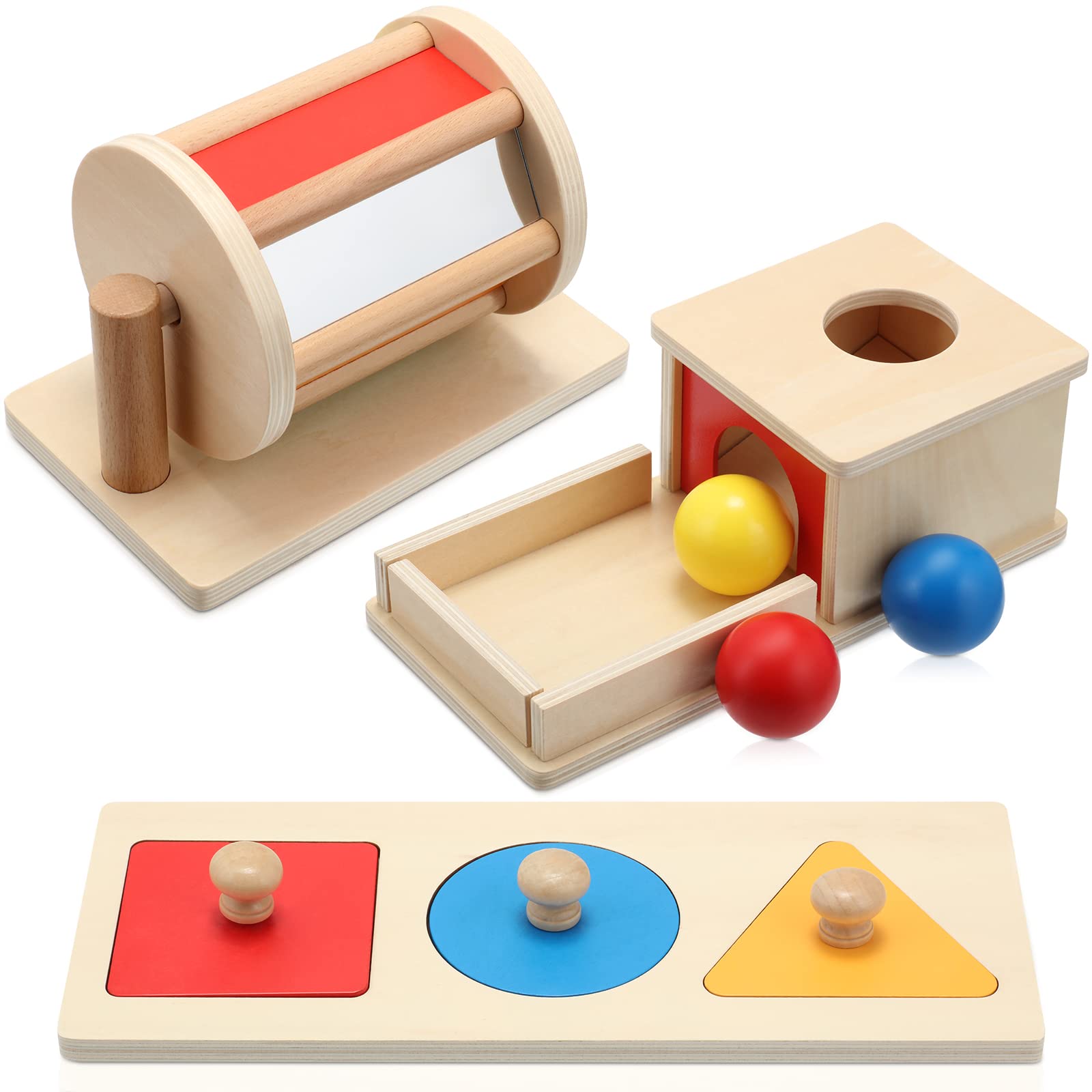 Sratte 3 Pcs Wooden Baby Toys Set, Object Permanence Box, Rainbow Drum, Colorful Multiple Shape Puzzles Toys, Preschool Toys Set for 6-12 Month Infant 1 2 3 Year Old Toddlers Babies