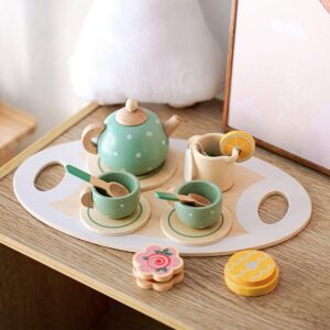 play tea party set, little girls toy afternoon tea set, cute wood play food accessories bpa free phthalates free for kids children toddler ages 1+ years old