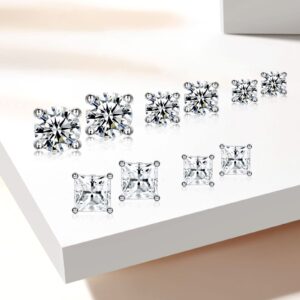 925 Sterling Silver Stud Earrings Set Hypoallergenic Princess Cut Cubic Zirconia Stud Earrings for Women Men (Round/Square 3/4/5/6/8 MM)