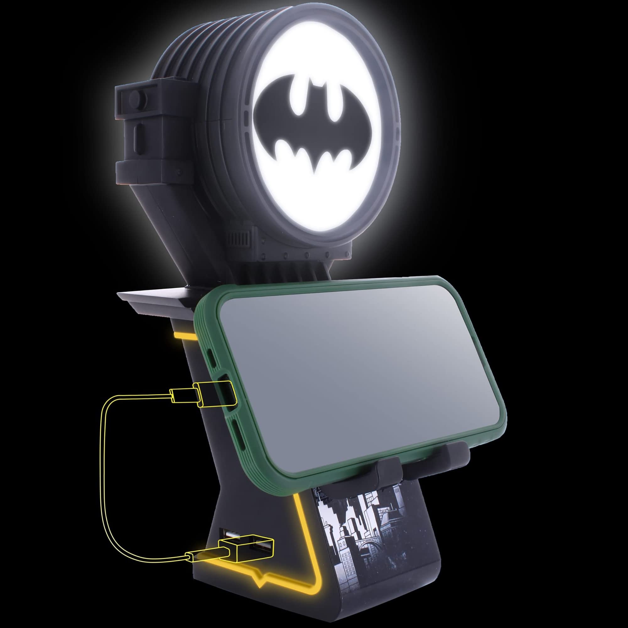 Exquisite Gaming LED Ikons: DC Comics Batman Bat Signal-Charging Phone & Controller Holder - Light Up Gaming Controller/ Mobile Phone/ Device Charging Holder, Includes 4'Charging Cable (CGIKDC400483)