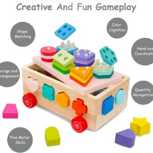 Afunti Wooden Stacking Blocks Shape Sorter Learning Toys for Toddlers Montessori Cube Education Preschool Toys for 3-5 Year