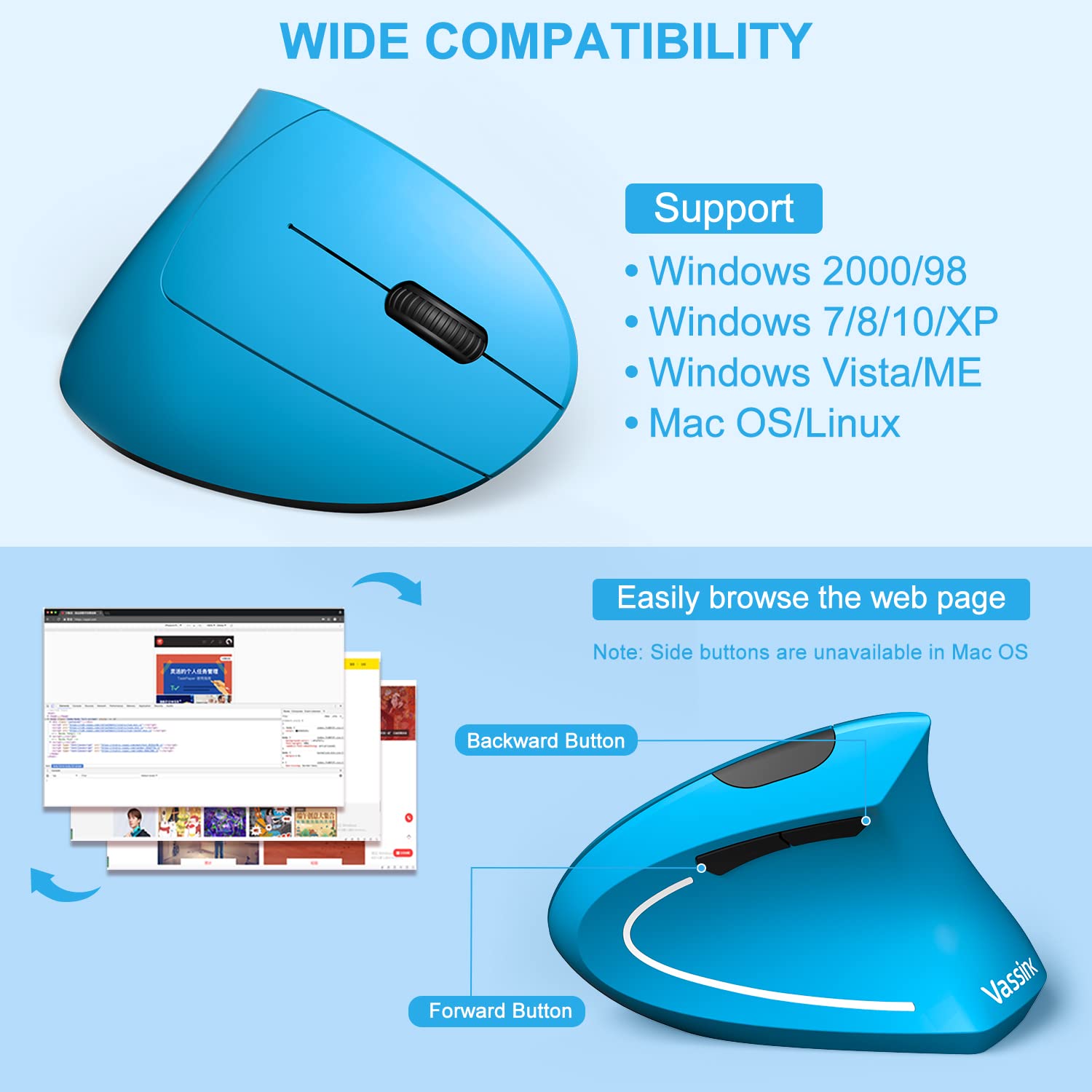 Vassink Ergonomic Mouse, Rechargeable Wireless Mouse, 2.4GHz Rechargeable Vertical Optical Mouse with USB Receiver, 6 Buttons for Laptop, PC, Computer (Blue)