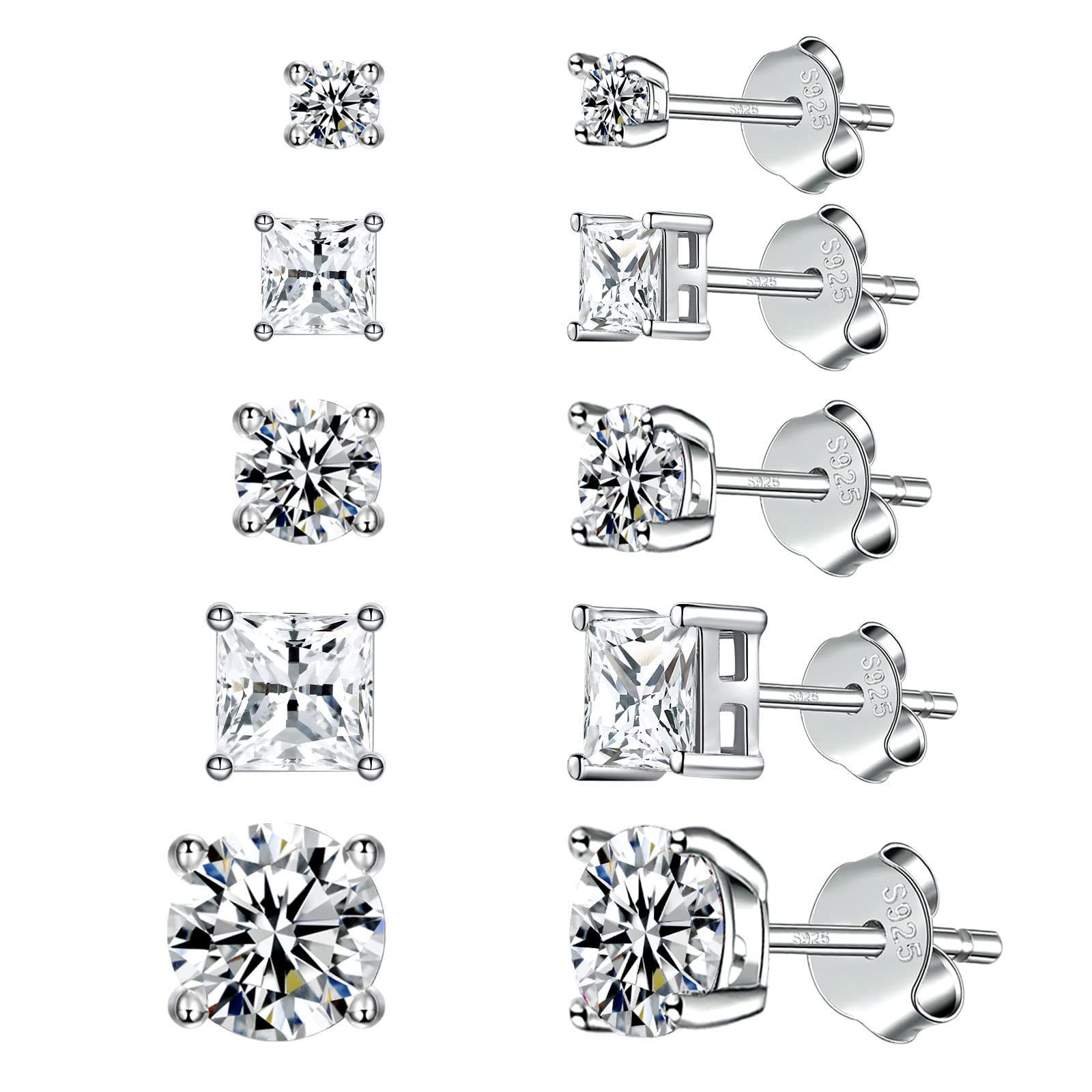 925 Sterling Silver Stud Earrings Set Hypoallergenic Princess Cut Cubic Zirconia Stud Earrings for Women Men (Round/Square 3/4/5/6/8 MM)