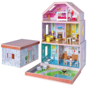 milliard nesting dollhouse, stack mode (33x21x11.5in) & store mode (22x14x12in), wooden kids dollhouse, 20 bonus furniture pieces included, unique design patent pending