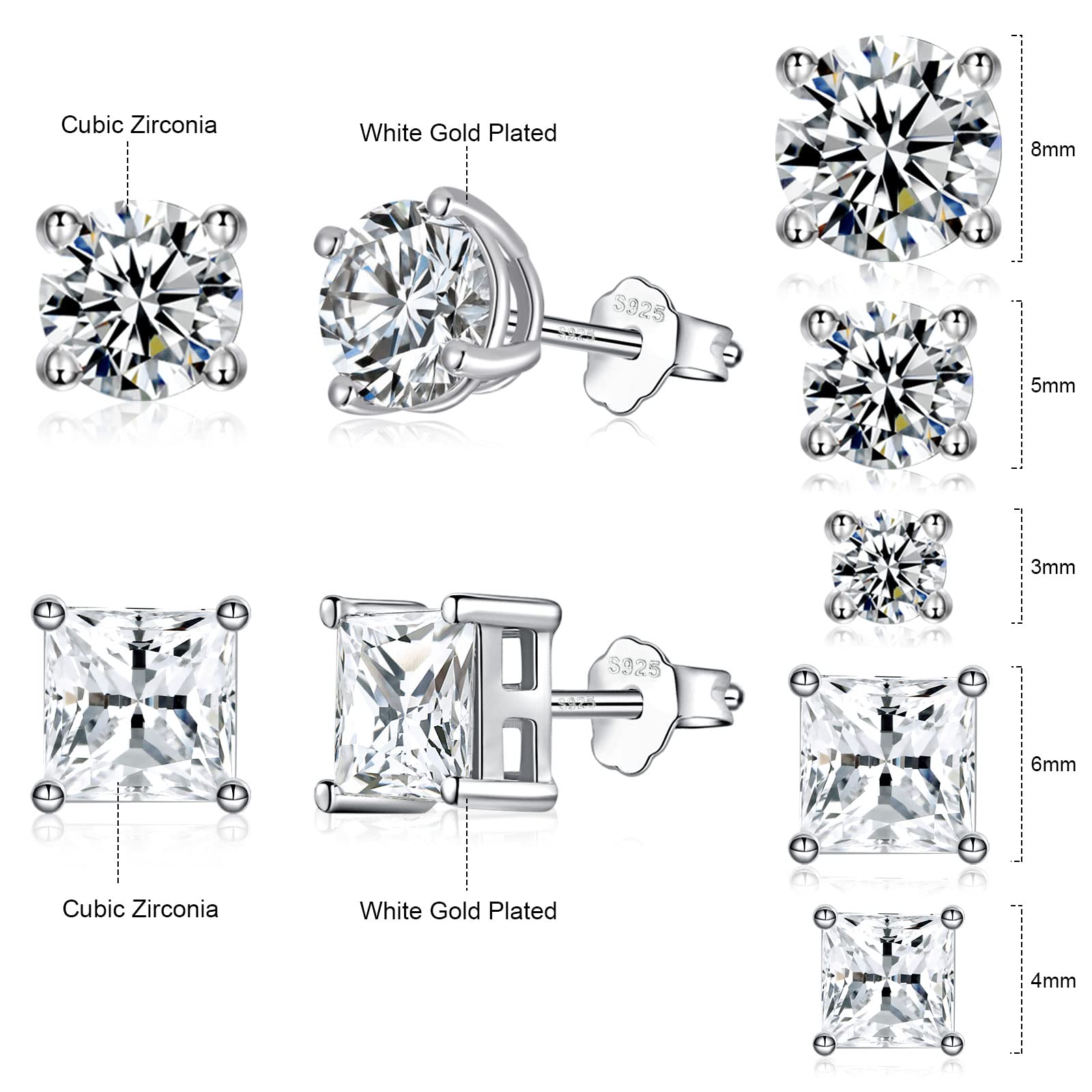 925 Sterling Silver Stud Earrings Set Hypoallergenic Princess Cut Cubic Zirconia Stud Earrings for Women Men (Round/Square 3/4/5/6/8 MM)