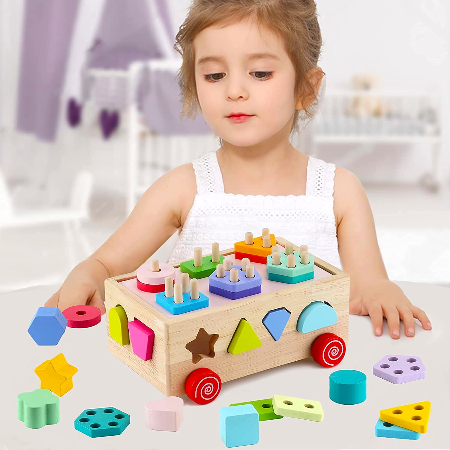 Afunti Wooden Stacking Blocks Shape Sorter Learning Toys for Toddlers Montessori Cube Education Preschool Toys for 3-5 Year