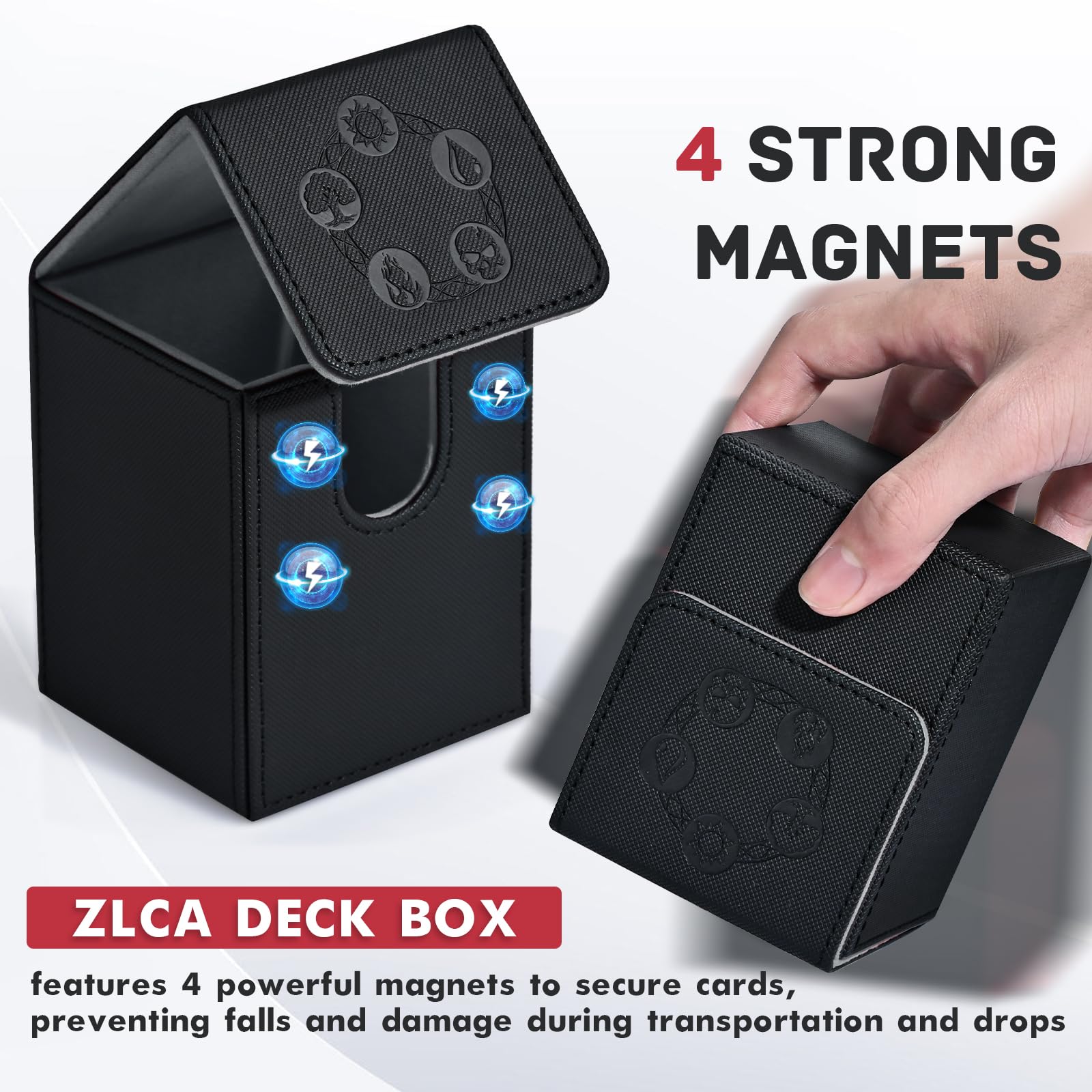 ZLCA Card Deck Box for Trading Cards with 2 Dividers, Card Storage Box Fits 100+ Single Sleeved Cards, PU Leather Strong Magnet Card Deck Case Holder for Magic Commander TCG CCG (Black)