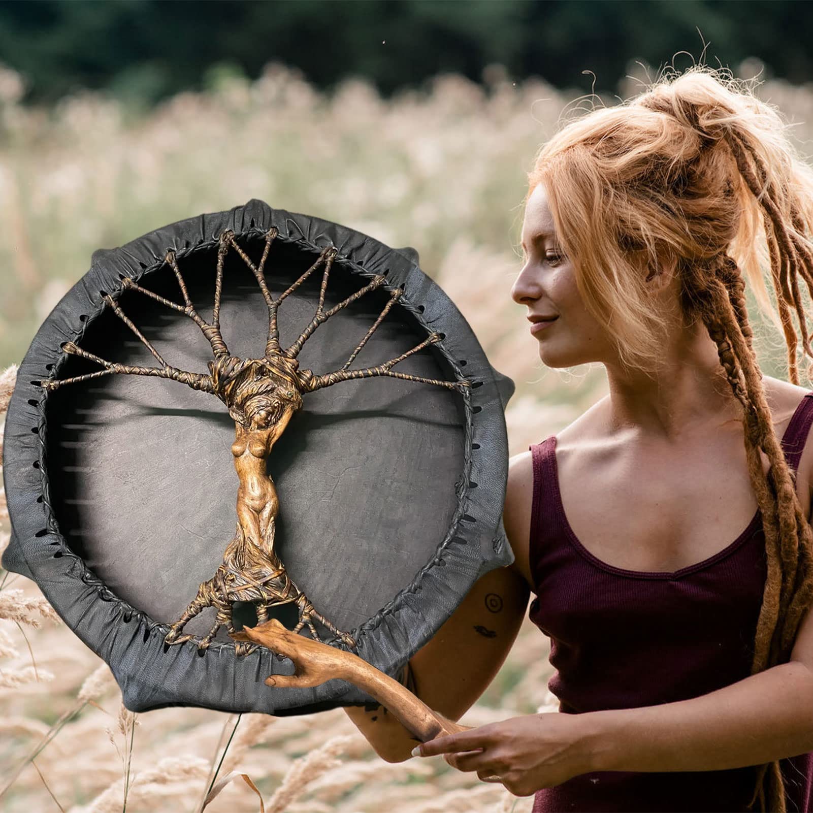 Yushifa Shaman Drum Shaman Drum Tree-of-Life Drum Handmade Shamanic Drum with Drum Stick Sound Healing Adult Drum