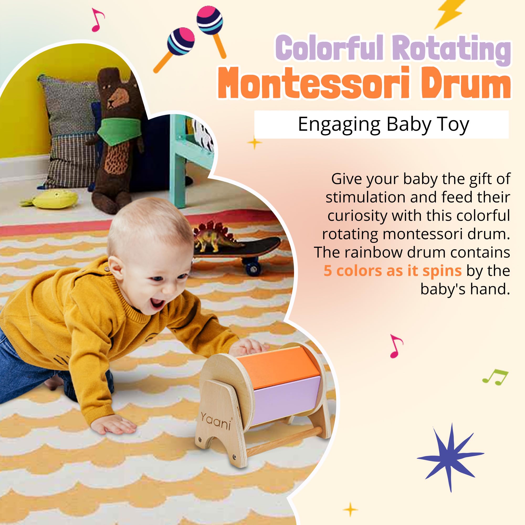 YAANI Montessori Spinning Drum, Baby Toys 6-12 Months, Montessori Toys for 1 Year Old, Sensory Toys, Toddler Toys, Baby Boy Gifts, Toys for Girls, Baby Girl, Toys for 2 Year Old, Montessori Toys