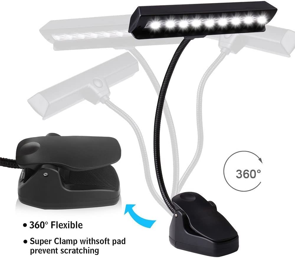 Music Stand Light, 9 LED Professional Musician Clip On Piano Lights, Adjustable Neck Rechargeable USB Orchestra Light Book Lamp, Great for Piano, Voilin, Orchestra, Podium, Desk and Bed Headboard