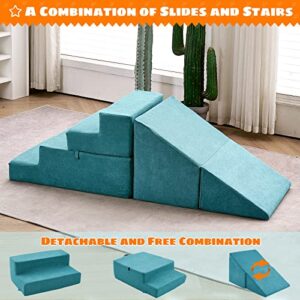 jela Toddlers Climbing Toys Indoor, Toddler Climbing Toys Indoor Playset, Safe Soft Foam Climbing Blocks with Slide Stairs, Climbing Toys for Toddlers Luxury Miss Fabric, Soft Couch Slide (Lightblue)