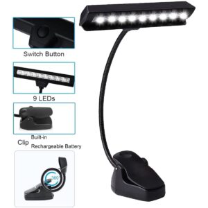 Music Stand Light, 9 LED Professional Musician Clip On Piano Lights, Adjustable Neck Rechargeable USB Orchestra Light Book Lamp, Great for Piano, Voilin, Orchestra, Podium, Desk and Bed Headboard