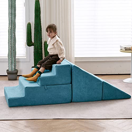 jela Toddlers Climbing Toys Indoor, Toddler Climbing Toys Indoor Playset, Safe Soft Foam Climbing Blocks with Slide Stairs, Climbing Toys for Toddlers Luxury Miss Fabric, Soft Couch Slide (Lightblue)