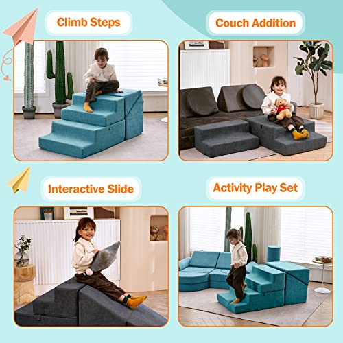 jela Toddlers Climbing Toys Indoor, Toddler Climbing Toys Indoor Playset, Safe Soft Foam Climbing Blocks with Slide Stairs, Climbing Toys for Toddlers Luxury Miss Fabric, Soft Couch Slide (Lightblue)