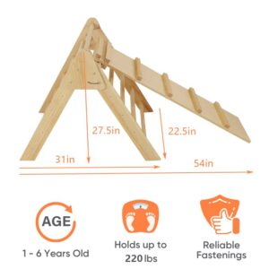 Avenlur Olive 3 in 1 Foldable Triangle Ladder and Slide - Montessori Climbing Set - Indoor Wood Climbing Gym for Children Ages 1 to 6 Years - Baby Climbing Triangle (Natural, Medium)