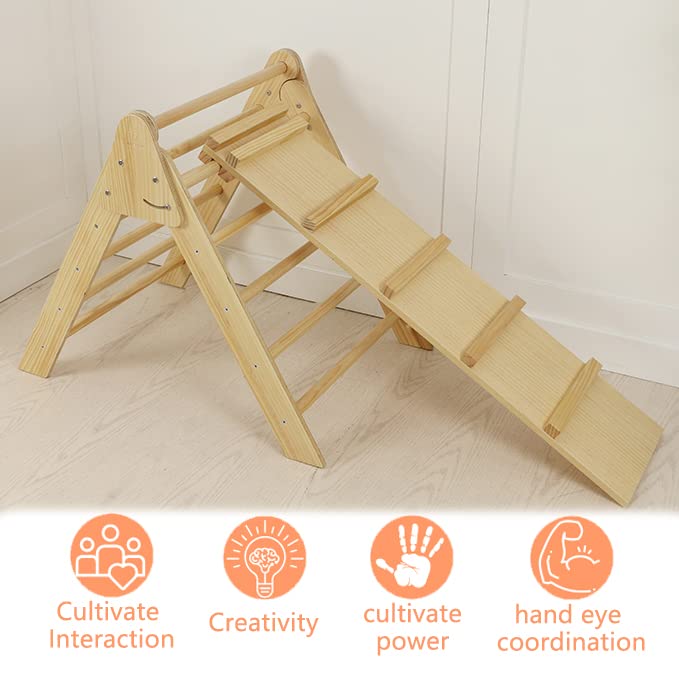 Avenlur Olive 3 in 1 Foldable Triangle Ladder and Slide - Montessori Climbing Set - Indoor Wood Climbing Gym for Children Ages 1 to 6 Years - Baby Climbing Triangle (Natural, Medium)