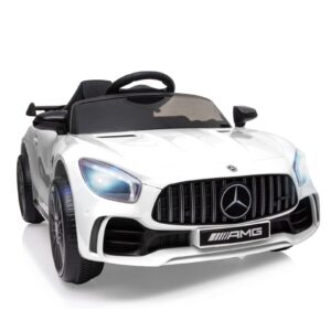 joinatre 12v kids ride on car, licensed mercedes benz amg gtr electric cars, battery powered ride on toys with remote control, 3 speeds, music, led lights and safety belt, white