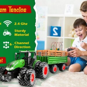 Remote Control Tractor and Trailer Set RC Kids Tractor Toy Front Loader Farm Truck Toddler Farm Toys with Lights and Sound, Metal Cab, 8 Wheels RC Toys Boys Gift for 3 4 5 6 7 8 Years Old