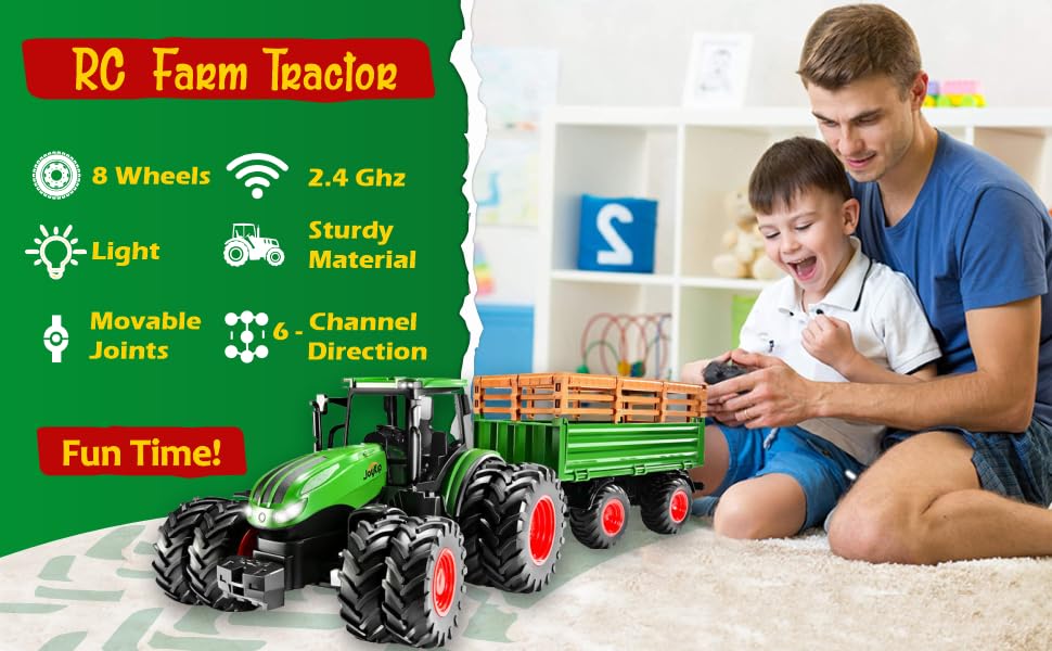 Remote Control Tractor and Trailer Set RC Kids Tractor Toy Front Loader Farm Truck Toddler Farm Toys with Lights and Sound, Metal Cab, 8 Wheels RC Toys Boys Gift for 3 4 5 6 7 8 Years Old