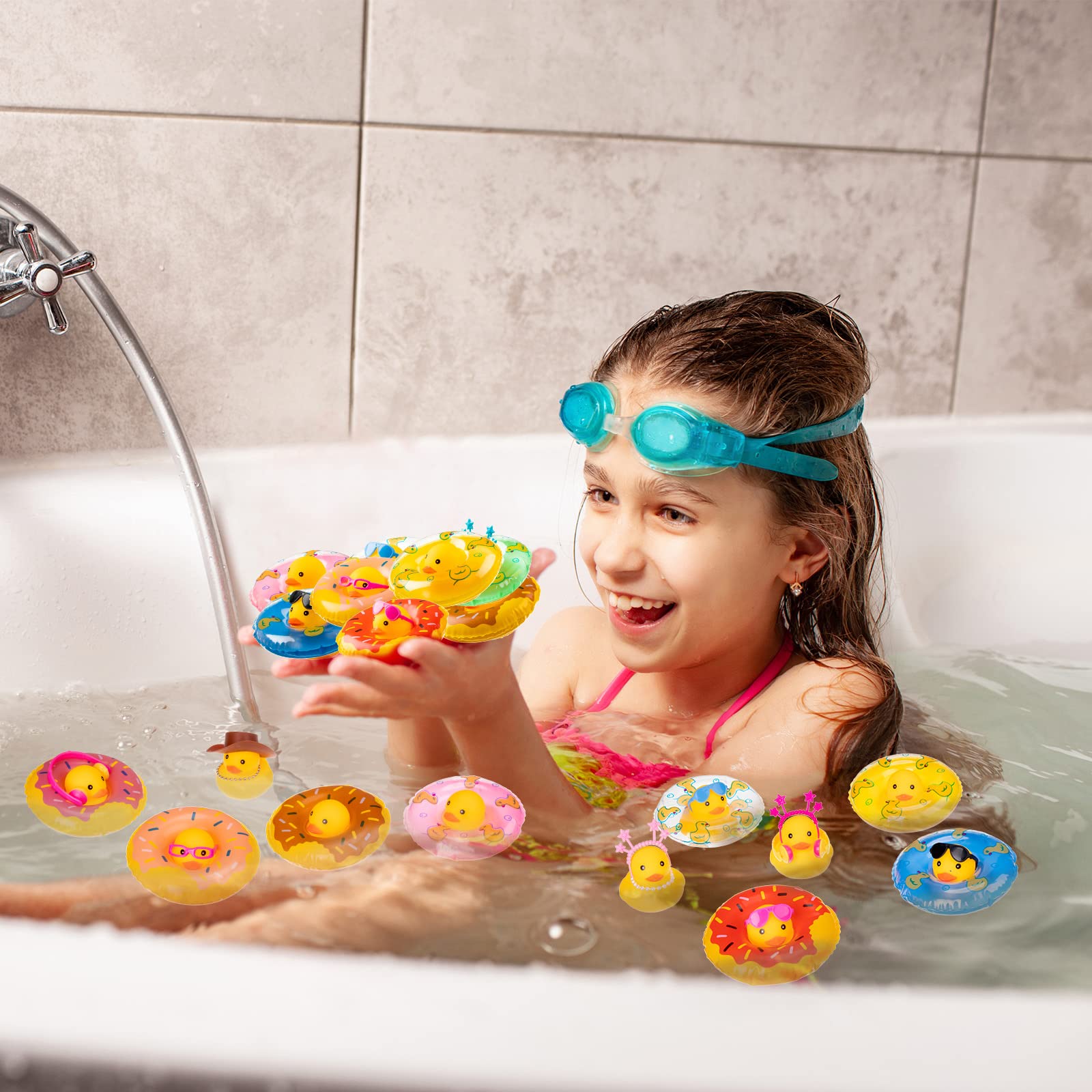 50 Sets Rubber Duck Cute Rubber Duck Bath Party Toys Bathtub Toys Shower Car Dashboard Decorations with Mini Sunglasses Swim Tube Hat Necklace Scarf Earphone Crown Instrument Hair Clips (Yellow)