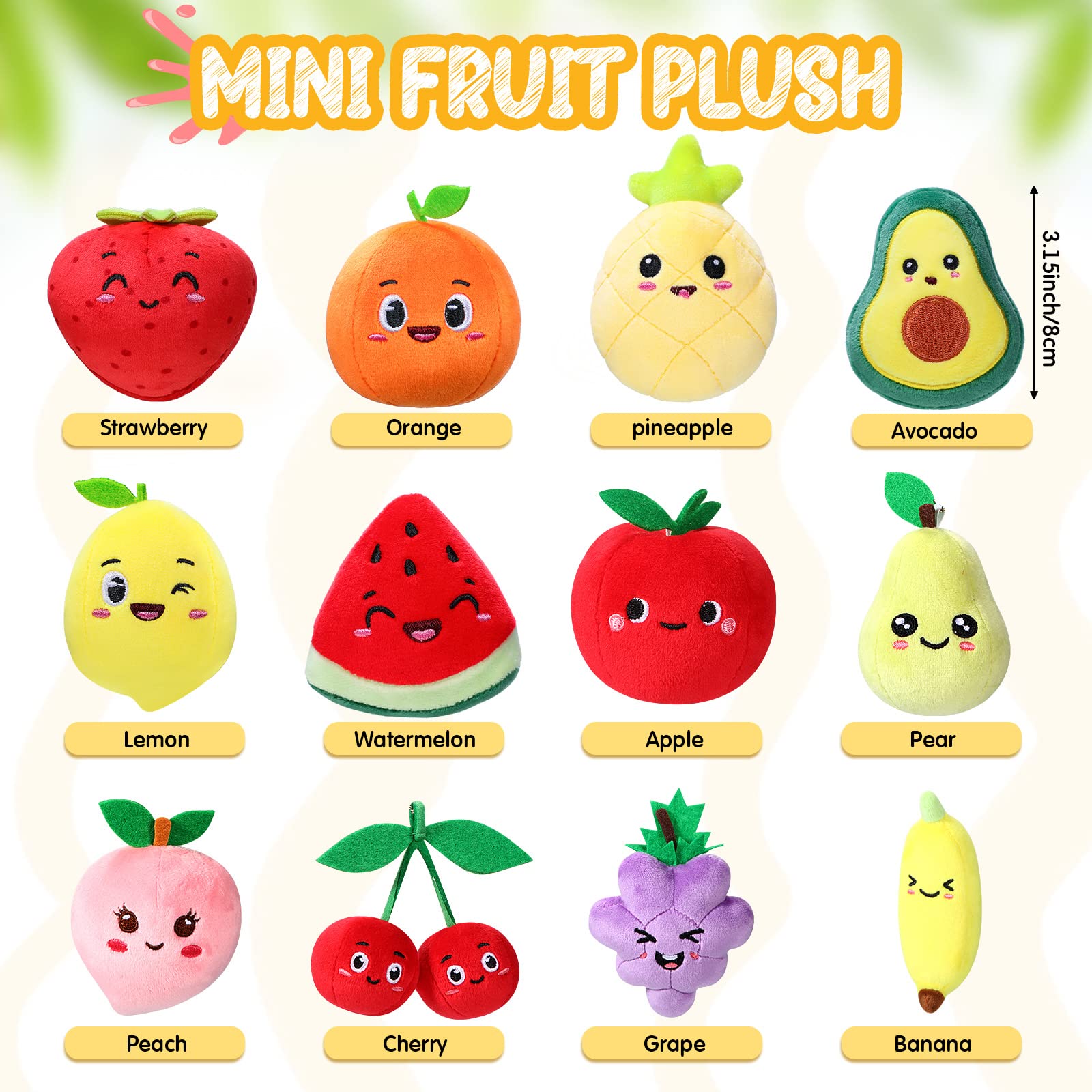 12 Pieces Cute Fruit Plush Toys Colorful Stuffed Fruits Soft Mini Avocado Strawberry Orange Pineapple Peach Lemon Stuffed Doll for Kids Keychain Handbag Pendant Birthday Valentine's Day Party Favors