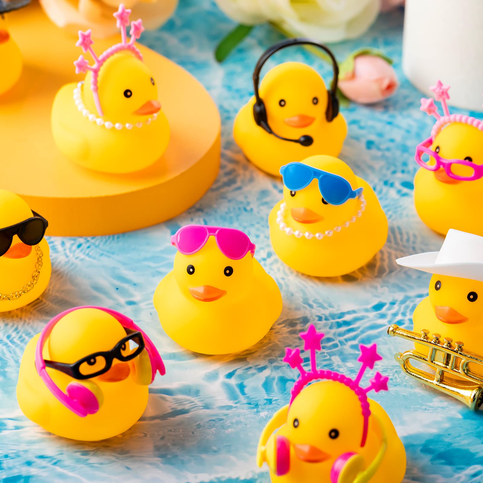 50 Sets Rubber Duck Cute Rubber Duck Bath Party Toys Bathtub Toys Shower Car Dashboard Decorations with Mini Sunglasses Swim Tube Hat Necklace Scarf Earphone Crown Instrument Hair Clips (Yellow)