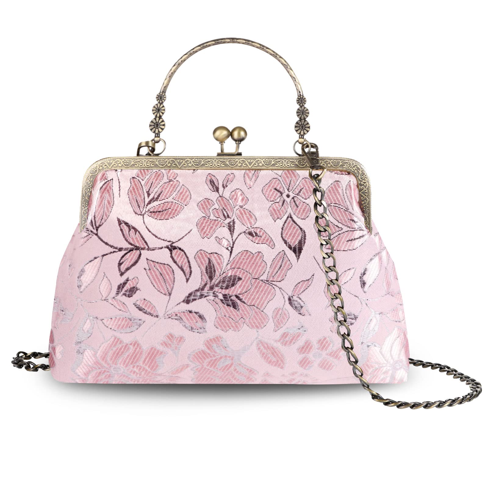 Abuyall Floral Top Handle Handbag Chain Strap Women Kiss Lock Canvas Frame Shoulder Bag Pink-leaf