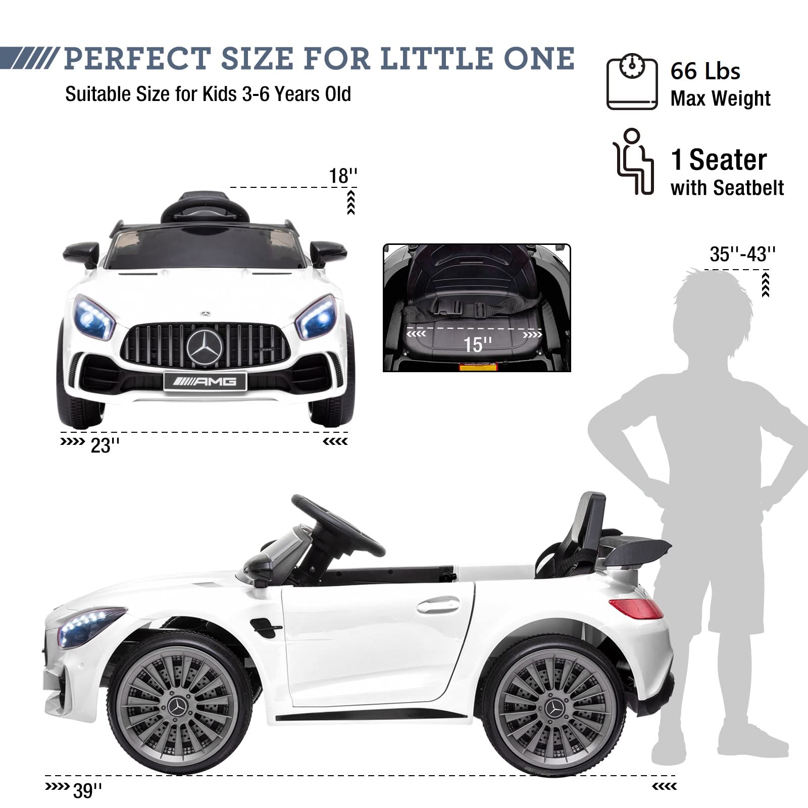 JOINATRE 12V Kids Ride on Car, Licensed Mercedes Benz AMG GTR Electric Cars, Battery Powered Ride on Toys with Remote Control, 3 Speeds, Music, LED Lights and Safety Belt, White