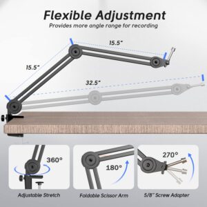 FIFINE Recording Microphone and Heavy Duty Boom Arm, USB Studio Mic,PC Podcast Microphone with Monitor Headphone Jack, Four Pickup Patterns for Vocals YouTube Streaming Gaming ASMR Zoom (K690+BM63)