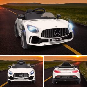 JOINATRE 12V Kids Ride on Car, Licensed Mercedes Benz AMG GTR Electric Cars, Battery Powered Ride on Toys with Remote Control, 3 Speeds, Music, LED Lights and Safety Belt, White