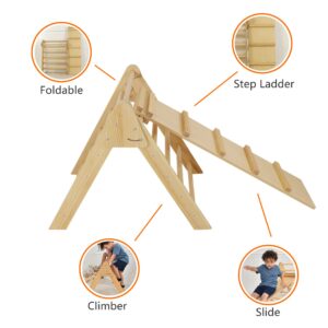 Avenlur Olive 3 in 1 Foldable Triangle Ladder and Slide - Montessori Climbing Set - Indoor Wood Climbing Gym for Children Ages 1 to 6 Years - Baby Climbing Triangle (Natural, Medium)