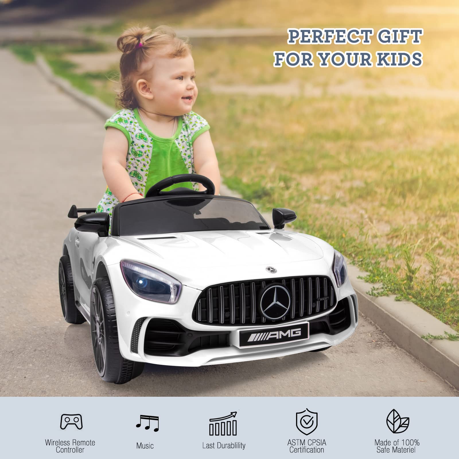 JOINATRE 12V Kids Ride on Car, Licensed Mercedes Benz AMG GTR Electric Cars, Battery Powered Ride on Toys with Remote Control, 3 Speeds, Music, LED Lights and Safety Belt, White