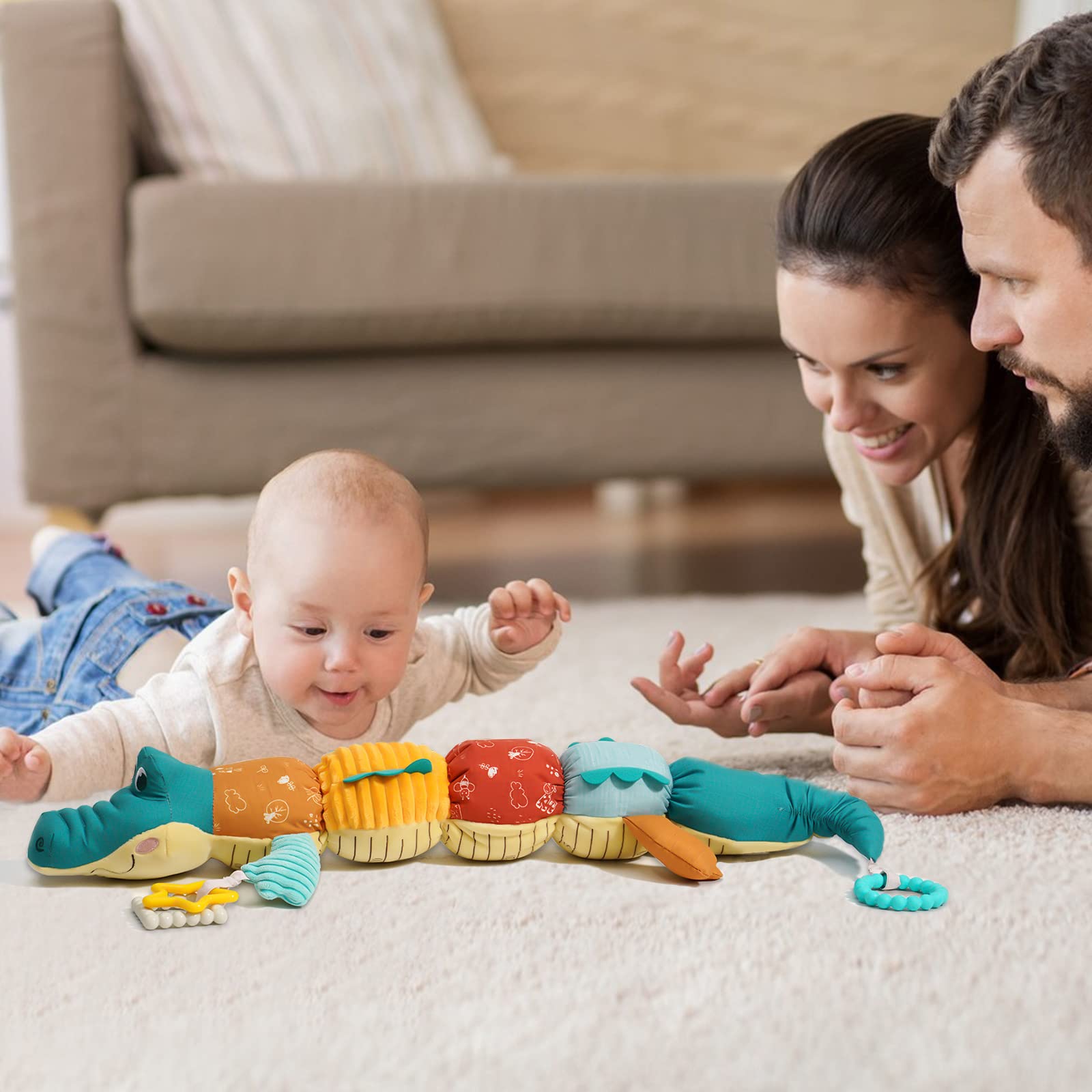 Tummy Time Toys 0-6 Months Baby Musical Stuffed Animal Infant Toys with Ruler Design, Rattle and Multi-Textures, 0-3-6-12 Months Newborn Toys for babies, Alligator & Crocodile