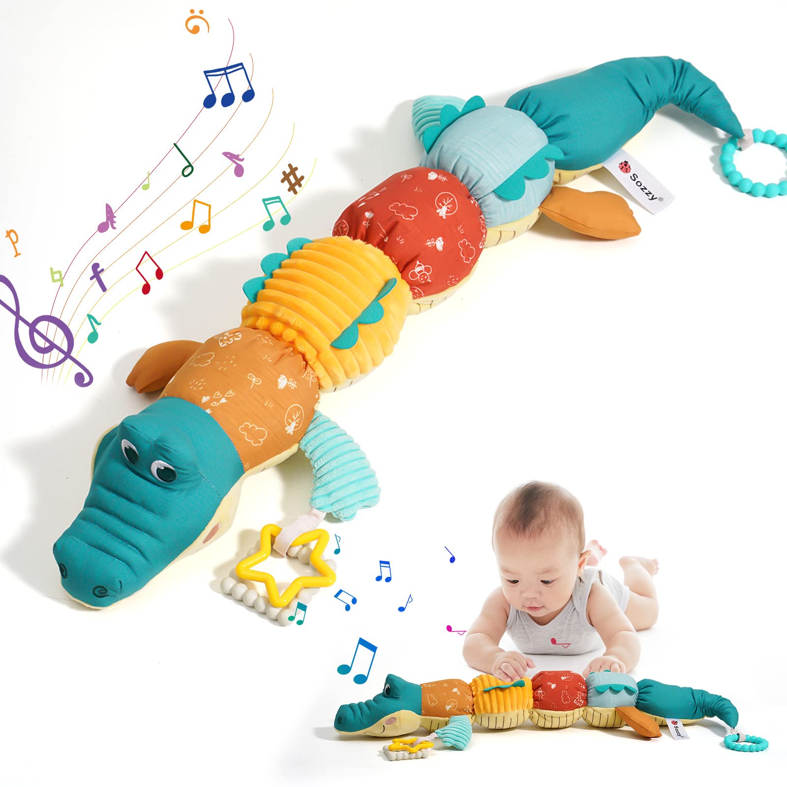 Tummy Time Toys 0-6 Months Baby Musical Stuffed Animal Infant Toys with Ruler Design, Rattle and Multi-Textures, 0-3-6-12 Months Newborn Toys for babies, Alligator & Crocodile