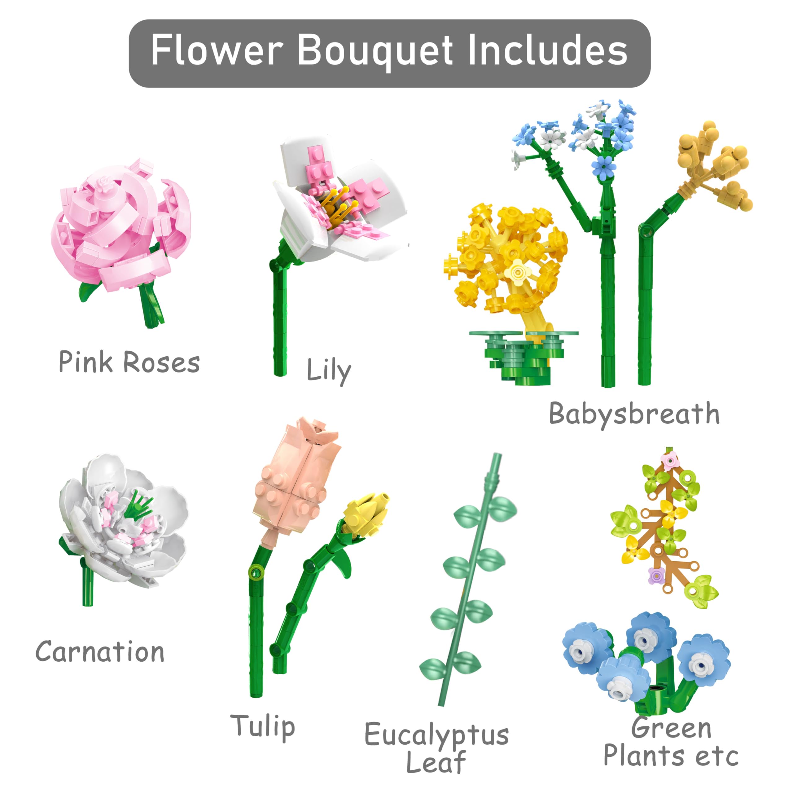 Sopu Flower Bouquet Building Kit Bonsai Rose Fowers, Artificial Flowers Building Blocks Set, Valentines Day Gifts for Him Her, Birthday Gifts Valentines Gifts for Her Women (Pink Flower Basket)