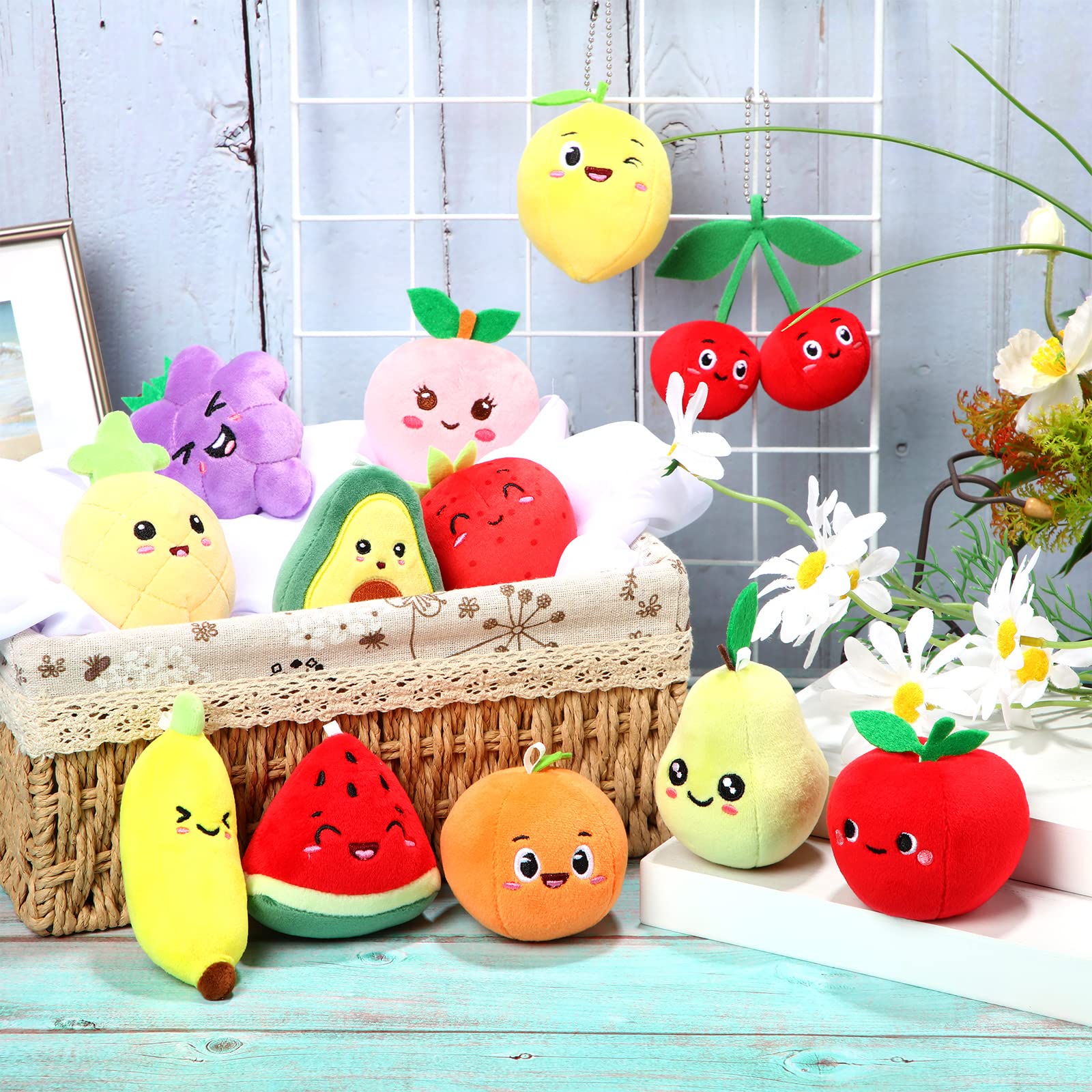 12 Pieces Cute Fruit Plush Toys Colorful Stuffed Fruits Soft Mini Avocado Strawberry Orange Pineapple Peach Lemon Stuffed Doll for Kids Keychain Handbag Pendant Birthday Valentine's Day Party Favors