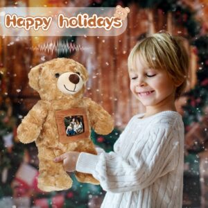 Leyndo Bear with Voice Recording Remembrance Stuffed Animal with Picture Recordable Messages Memorial Toy for Baby Shower Birthday Gift, Recording Gifts(Brown, 12 Inch)