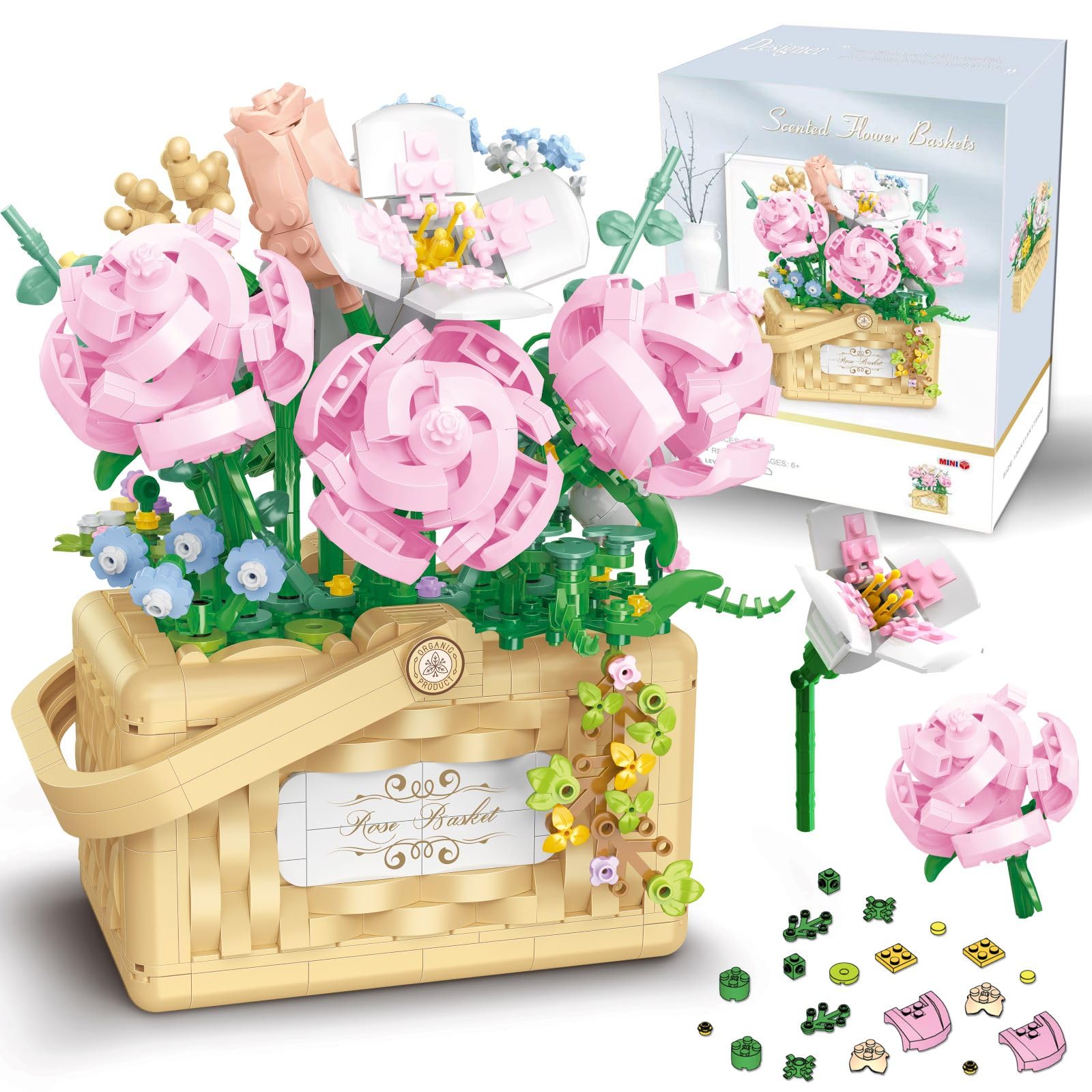 Sopu Flower Bouquet Building Kit Bonsai Rose Fowers, Artificial Flowers Building Blocks Set, Valentines Day Gifts for Him Her, Birthday Gifts Valentines Gifts for Her Women (Pink Flower Basket)