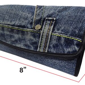 Up-cycling Blue Denim Tri-fold Large Capacity Long Wallet Wristlet Purse Clutch for Women (Dark)