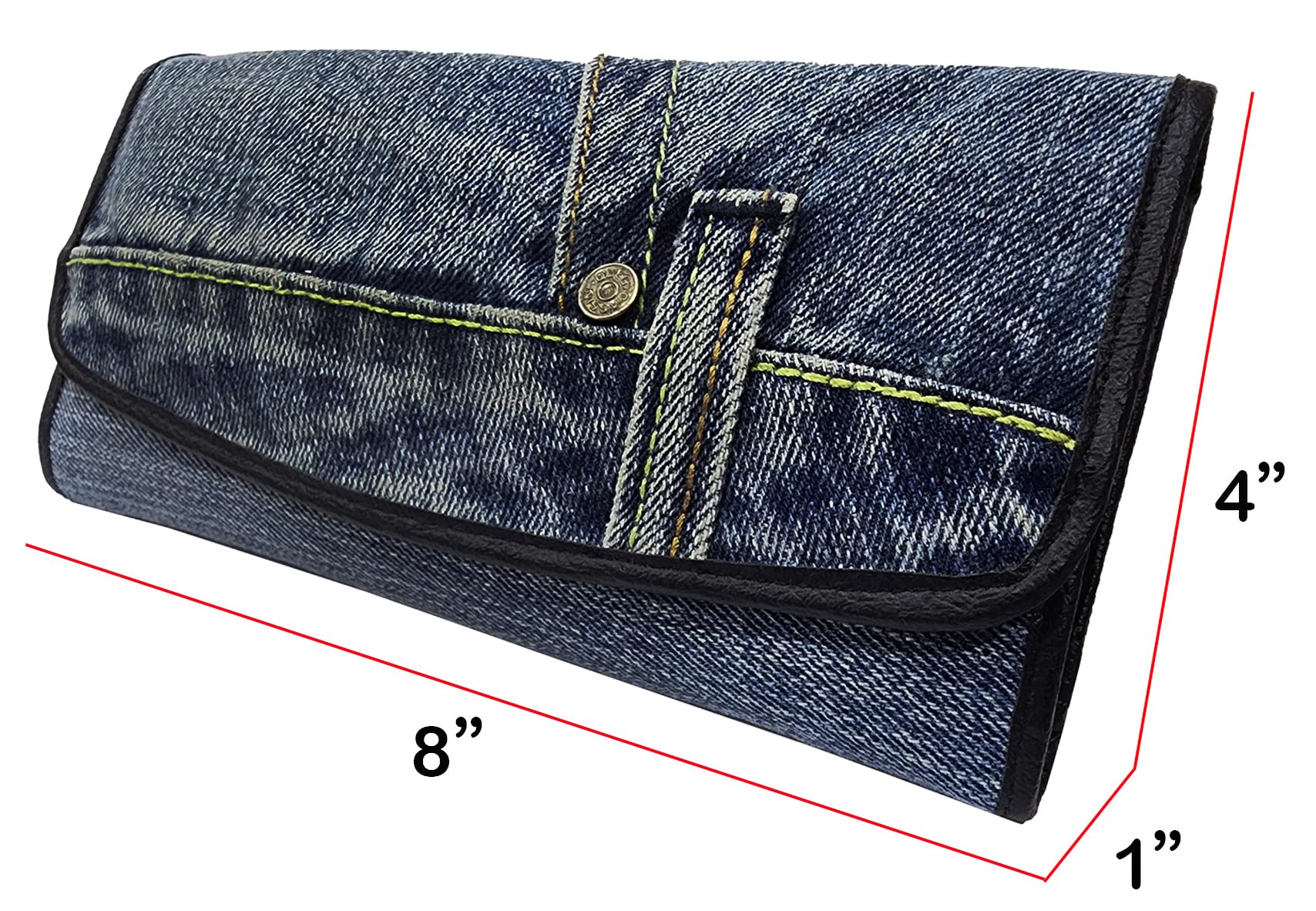 Up-cycling Blue Denim Tri-fold Large Capacity Long Wallet Wristlet Purse Clutch for Women (Dark)