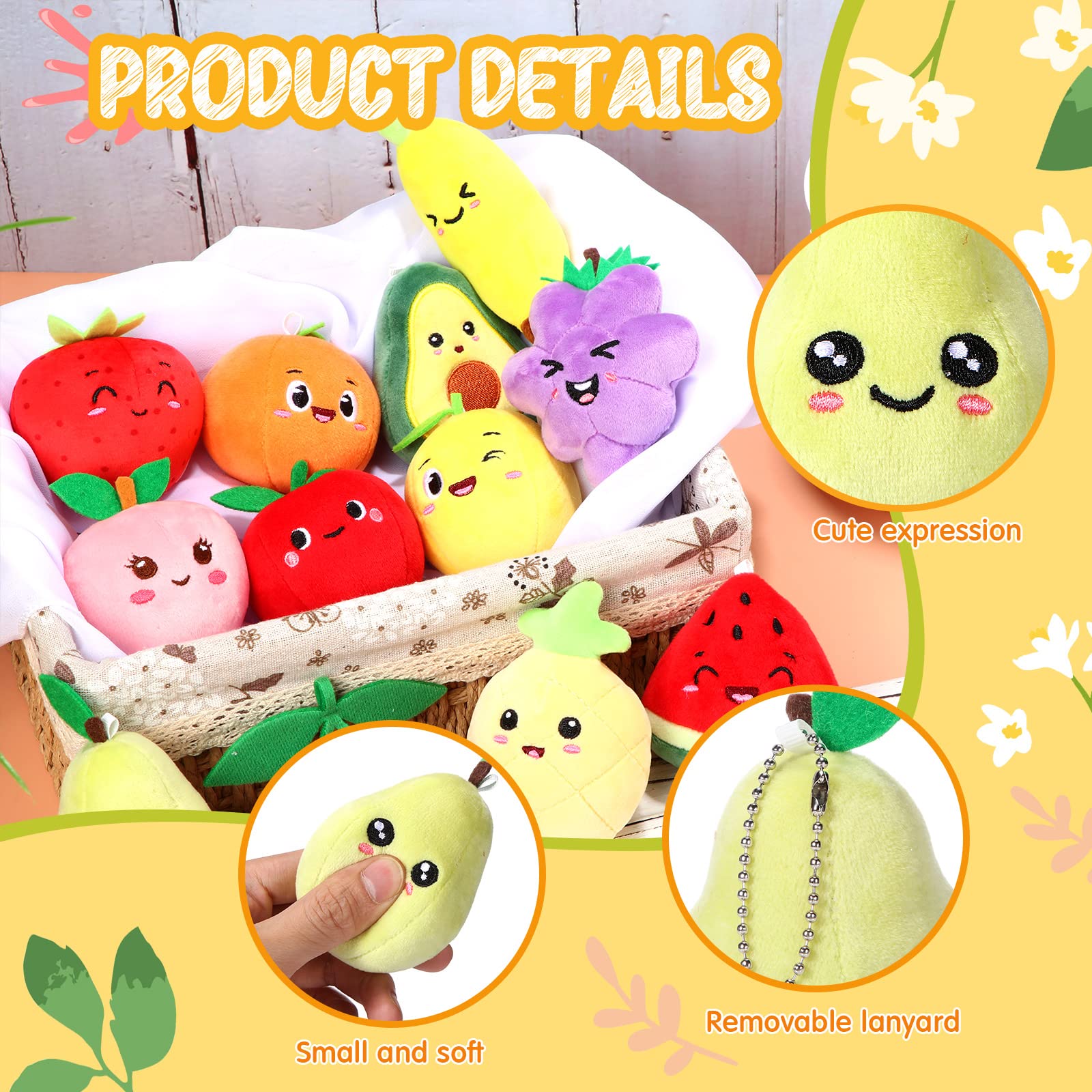 12 Pieces Cute Fruit Plush Toys Colorful Stuffed Fruits Soft Mini Avocado Strawberry Orange Pineapple Peach Lemon Stuffed Doll for Kids Keychain Handbag Pendant Birthday Valentine's Day Party Favors