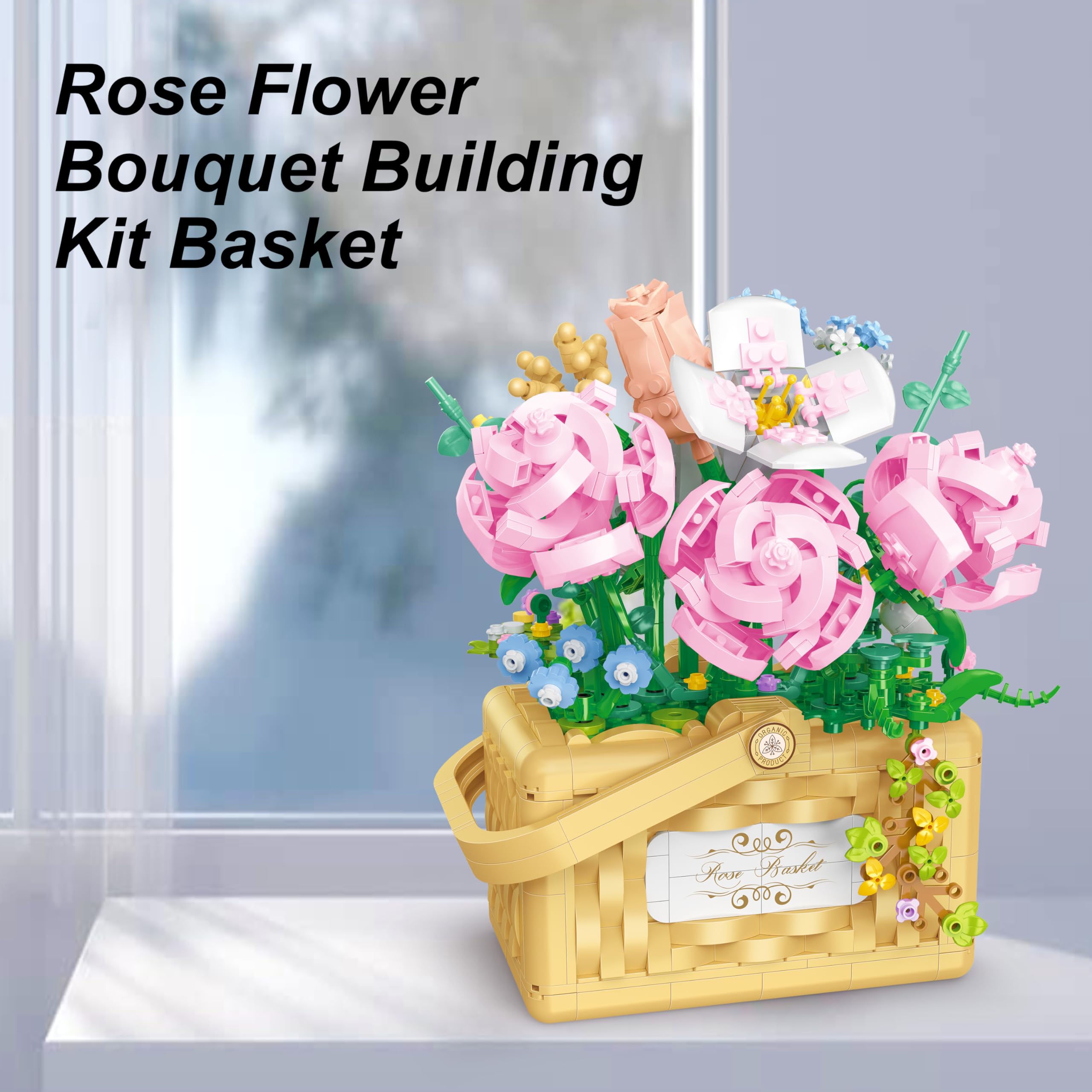 Sopu Flower Bouquet Building Kit Bonsai Rose Fowers, Artificial Flowers Building Blocks Set, Valentines Day Gifts for Him Her, Birthday Gifts Valentines Gifts for Her Women (Pink Flower Basket)