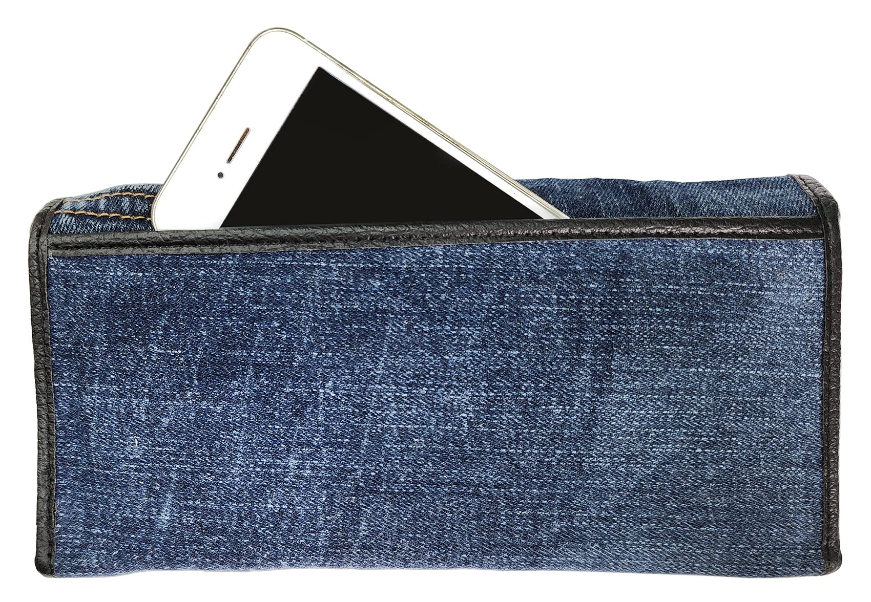 Up-cycling Blue Denim Tri-fold Large Capacity Long Wallet Wristlet Purse Clutch for Women (Dark)