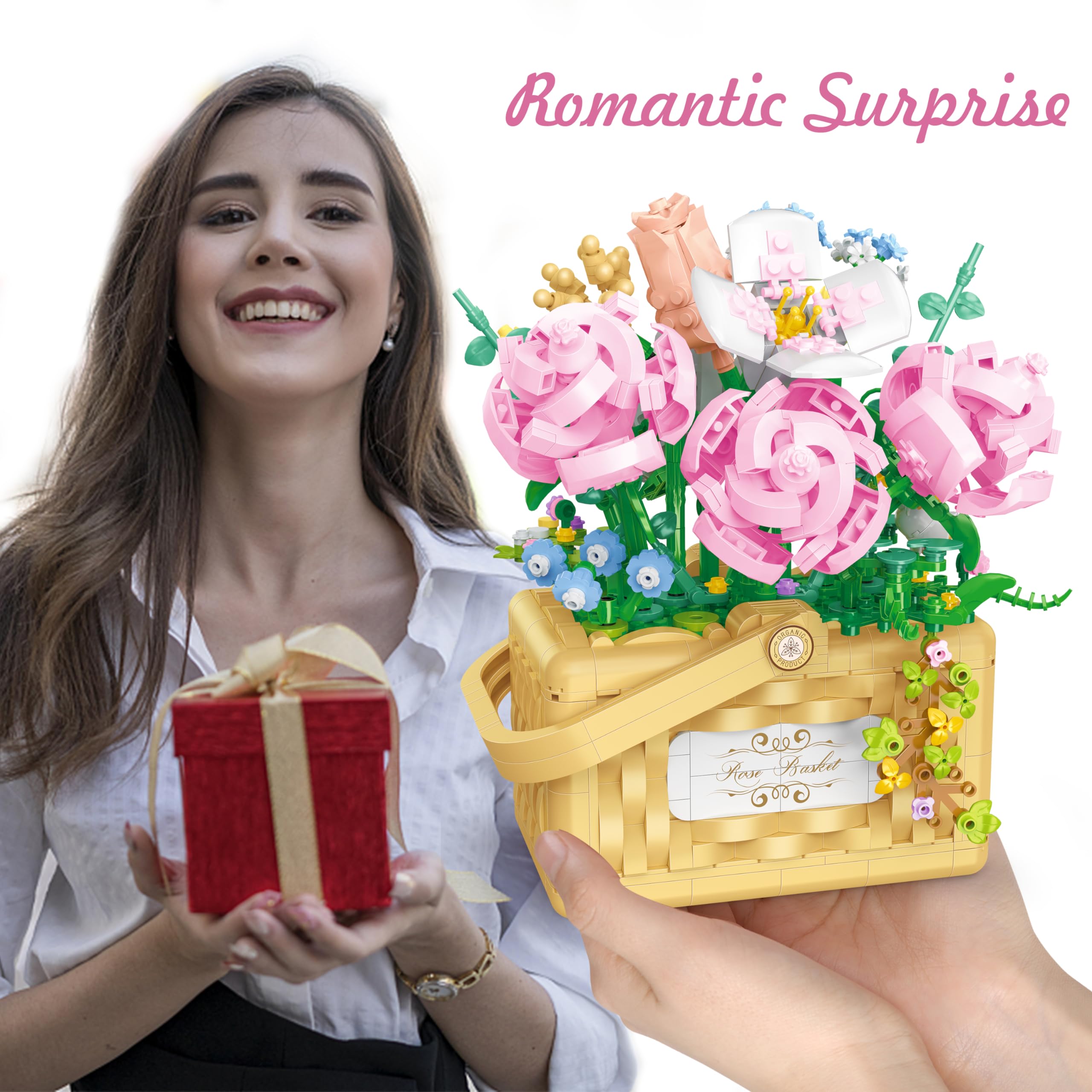 Sopu Flower Bouquet Building Kit Bonsai Rose Fowers, Artificial Flowers Building Blocks Set, Valentines Day Gifts for Him Her, Birthday Gifts Valentines Gifts for Her Women (Pink Flower Basket)