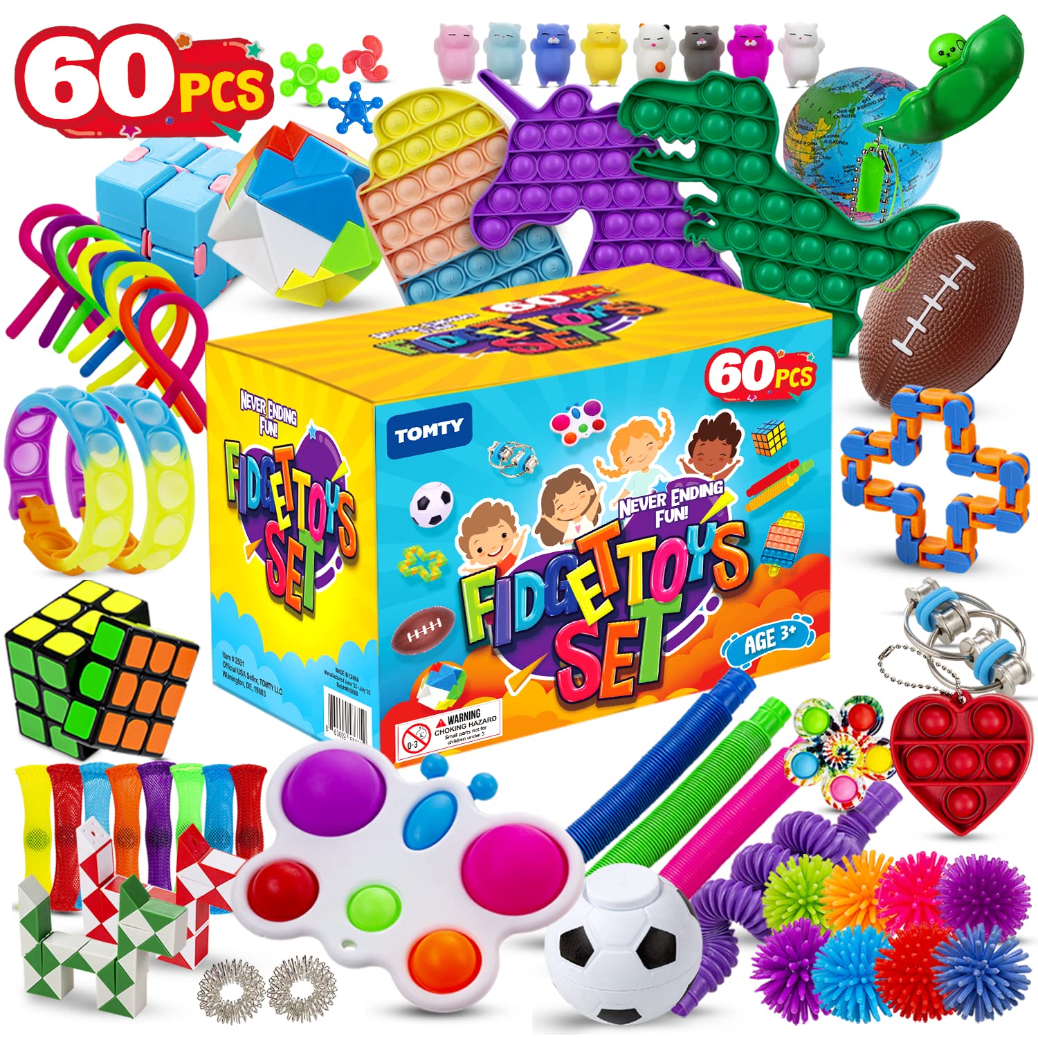 (60 Pcs) Fidget Toys Fidgets Sensory Toys Pop Its It Party Favors Figette Toy Pack Bulk Box Stress Autism Autistic for Kids Children Boys Girls Adults Gifts Set Mini Carnival Treasure Classroom Prizes