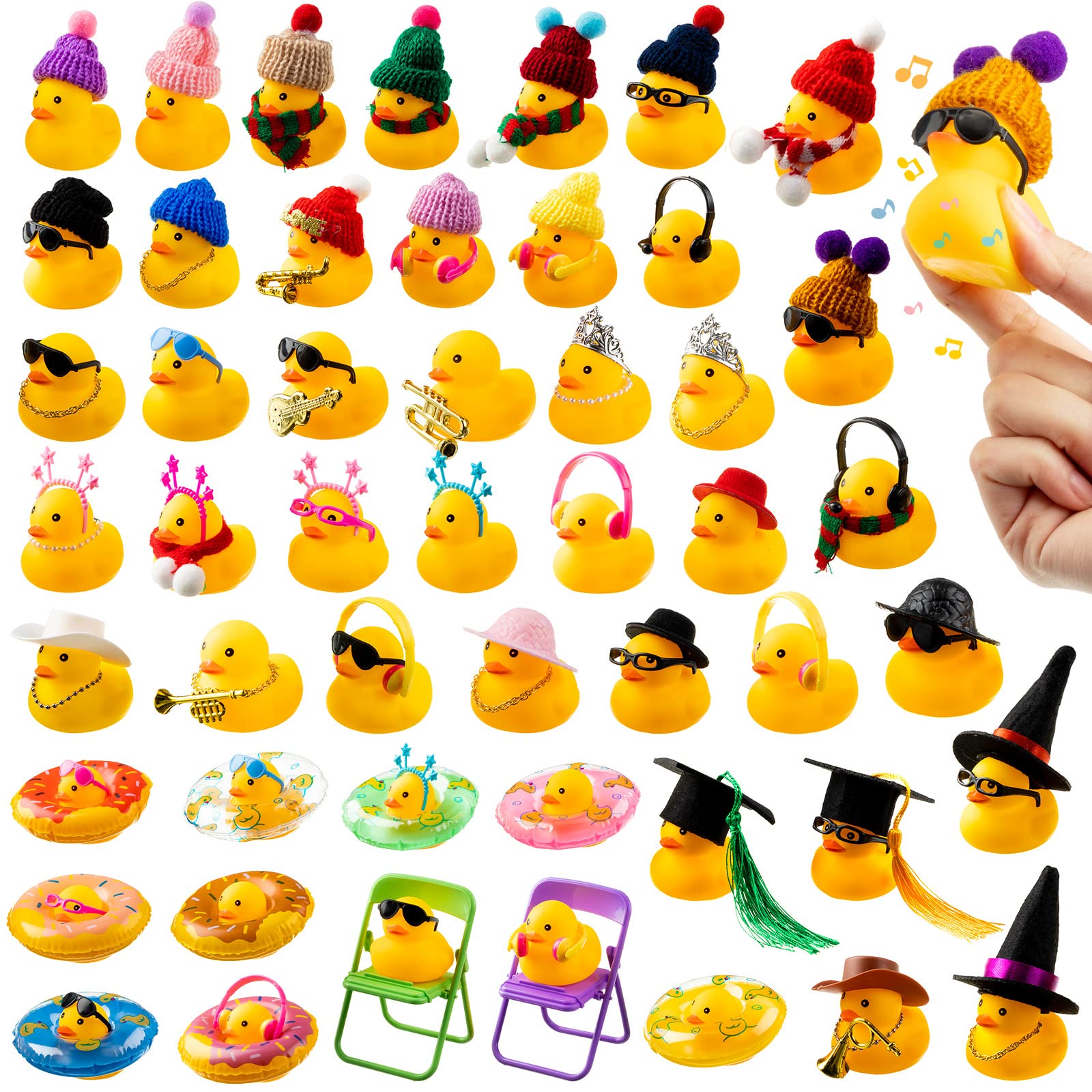 50 Sets Rubber Duck Cute Rubber Duck Bath Party Toys Bathtub Toys Shower Car Dashboard Decorations with Mini Sunglasses Swim Tube Hat Necklace Scarf Earphone Crown Instrument Hair Clips (Yellow)