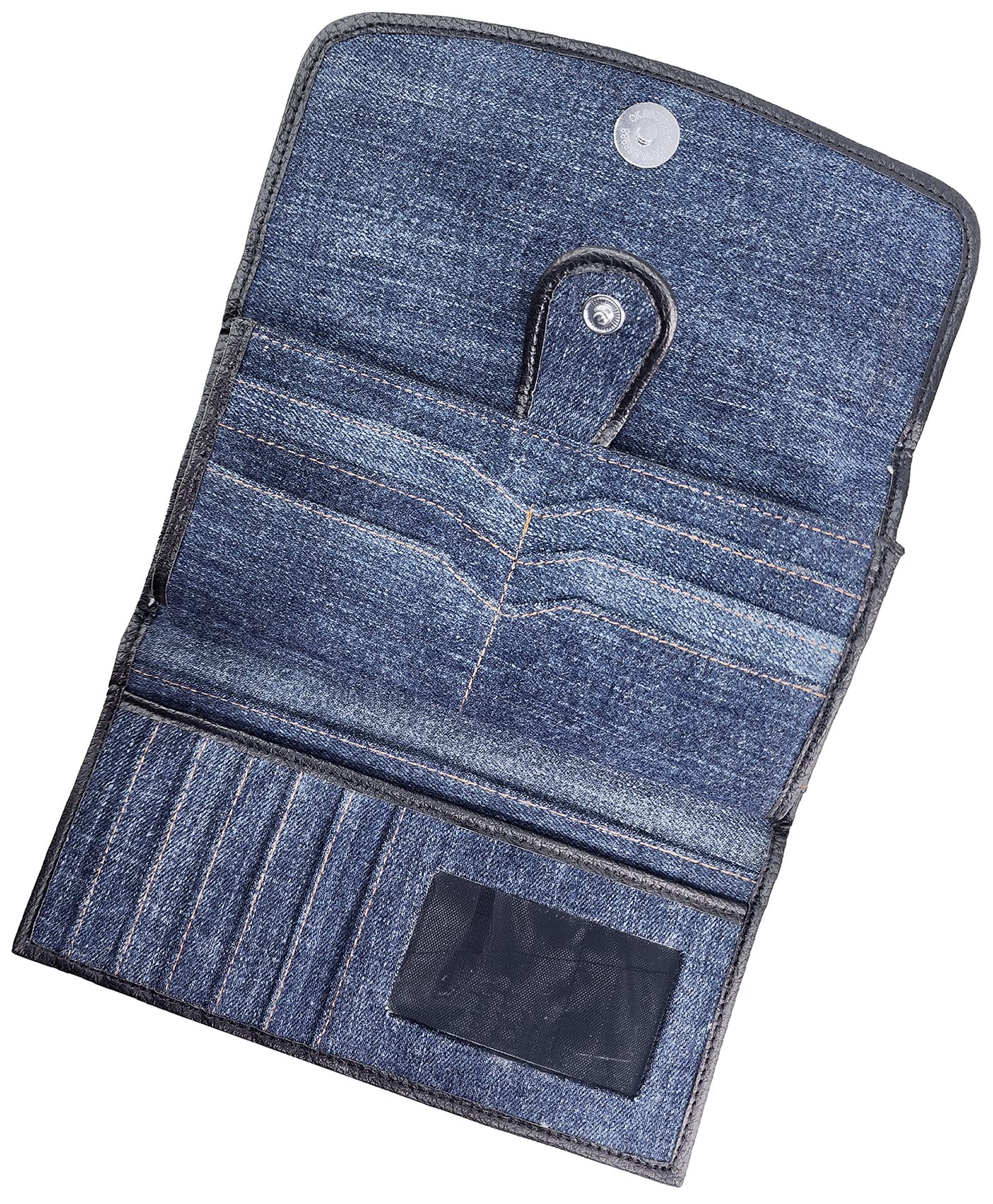 Up-cycling Blue Denim Tri-fold Large Capacity Long Wallet Wristlet Purse Clutch for Women (Dark)