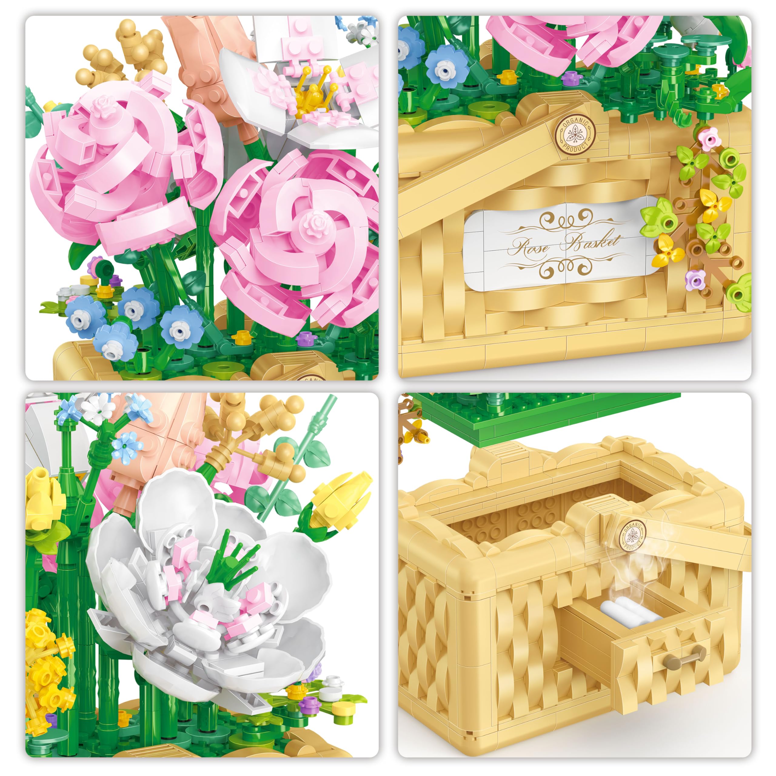 Sopu Flower Bouquet Building Kit Bonsai Rose Fowers, Artificial Flowers Building Blocks Set, Valentines Day Gifts for Him Her, Birthday Gifts Valentines Gifts for Her Women (Pink Flower Basket)